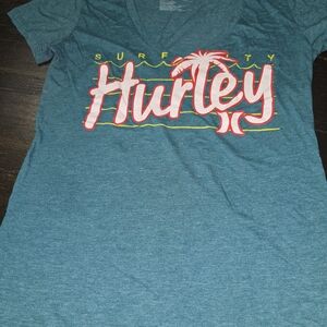 Hurley Teal V-Neck Tee with Pink & Yellow Surf Logo